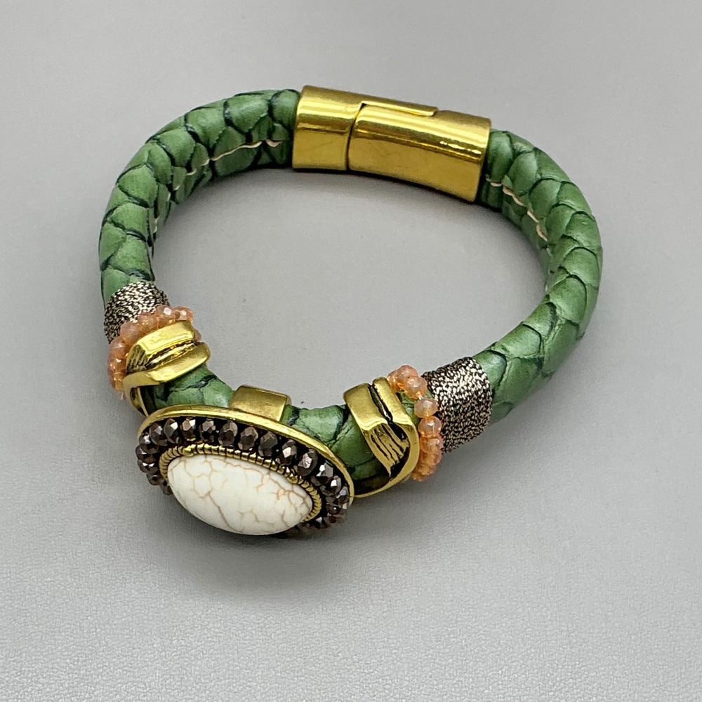 Laura Janelle Bangle Bracelet Women Green Faux Python Leather White Stone Boho